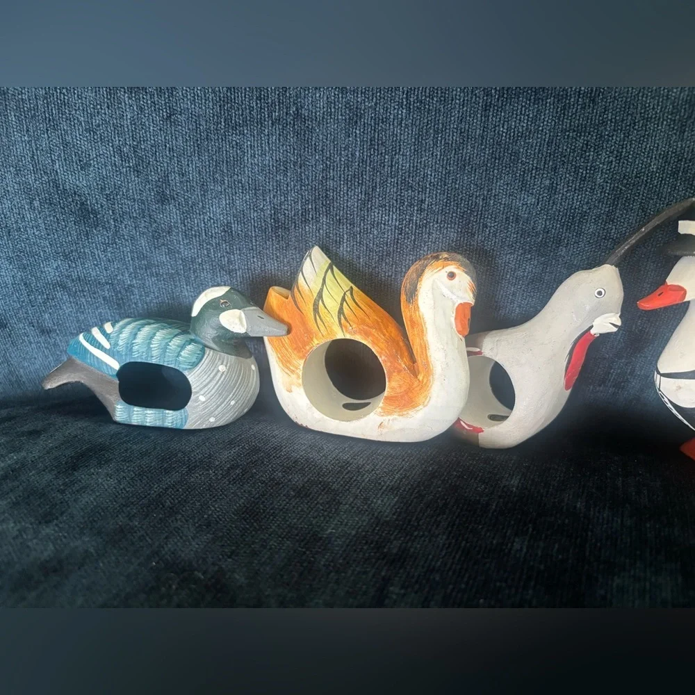 6 Vintage Hand Carved Wooden Bird Napkin Rings 3-4” each
